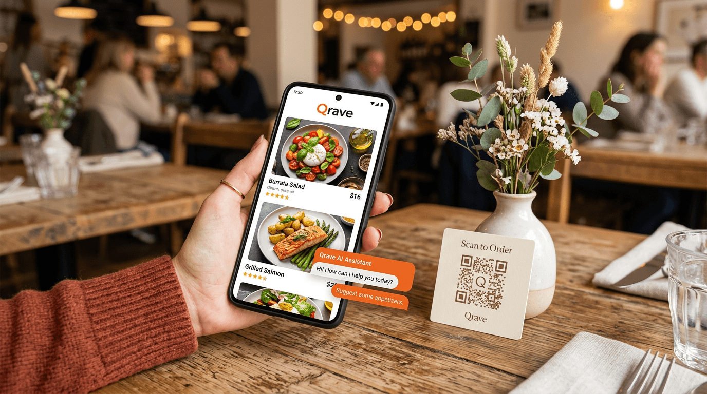 QravePro — digital menu on phone in restaurant